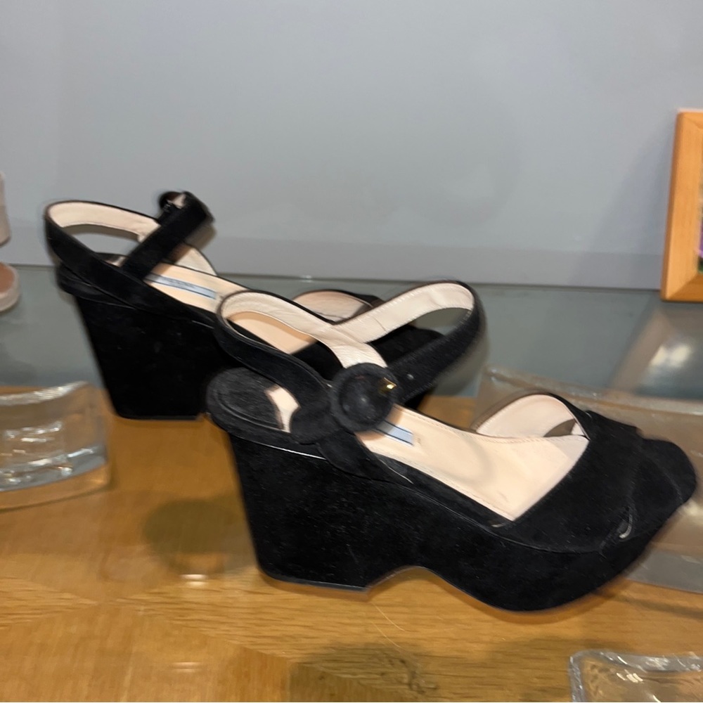 Prada Black Velvet Sandals Size 37.5 (7) Ankle Strap and Covered Buckle NWOB